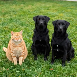 2 orange cats and 3 black dogs sitting together on a grassy 