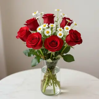 4 red roses and 2 white daisies in a glass vase on a table