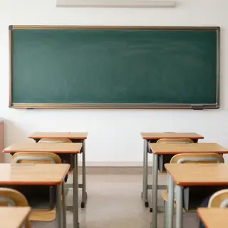 A classroom with desks and a chalkboard but no students