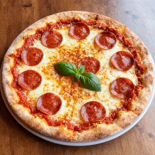 A pepperoni pizza with tomato sauce, basil, and crust but ab