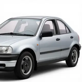 A car body with windows, doors, and headlights but no wheels