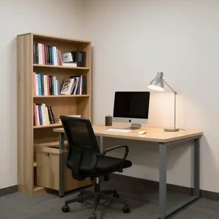 An office workspace with a desk, chair, bookshelf, and lamp 