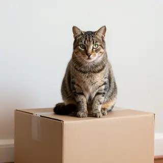 A cat sitting on top of a cardboard box