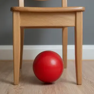 A red ball underneath a wooden chair