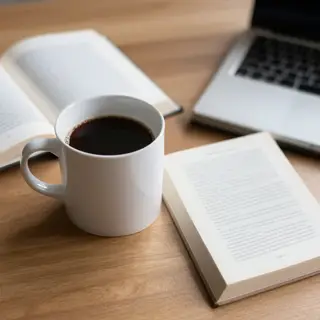 A coffee mug next to an open book on a desk