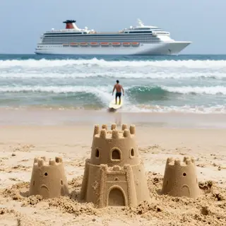 A beach scene with a sandcastle in the foreground, a surfer 