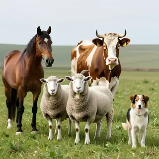 Five animals in a field: a horse on the far left, a cow to t