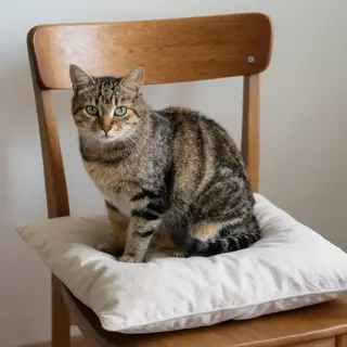 A cat sitting on a pillow, the pillow placed on a wooden cha