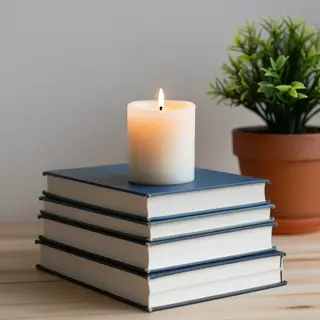 A candle on top of a stack of books, the books next to a pot
