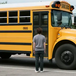 A person standing next to a yellow school bus, showing reali
