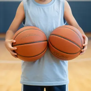 A child holding a basketball, both at correct relative sizes