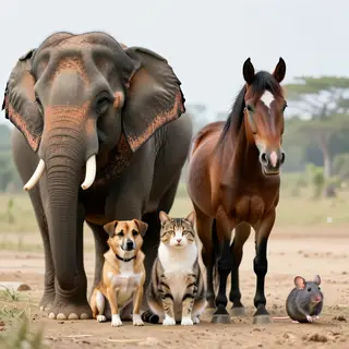 A group photo of an elephant, a horse, a dog, a cat, and a m