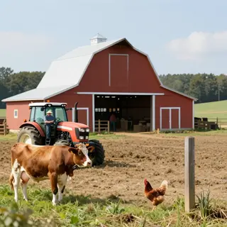 A farm scene with a barn, tractor, farmer, cow, chicken, and