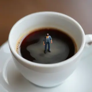 A tiny person standing on the rim of a coffee cup, looking d