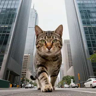 A giant tabby cat walking between city skyscrapers like a ka