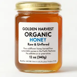 A product label for 'GOLDEN HARVEST ORGANIC HONEY' with subt