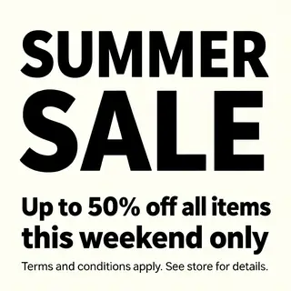 A poster with headline 'SUMMER SALE' in large bold text, bod