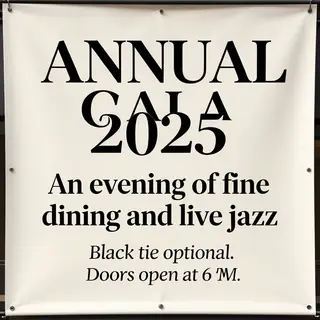 An event banner with headline 'ANNUAL GALA 2025' at the top 