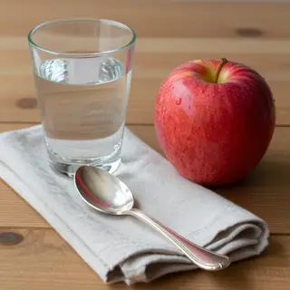 A still life on a wooden table featuring a clear glass of wa
