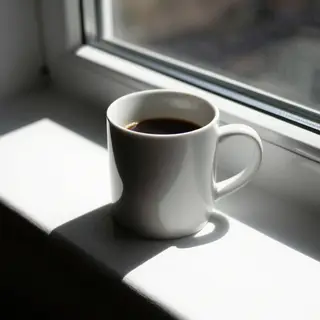 A coffee mug on a sunny windowsill casting a sharp shadow to