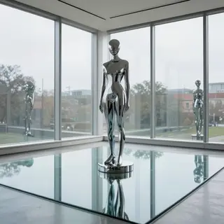 A chrome sculpture in a room with a glass floor and large wi