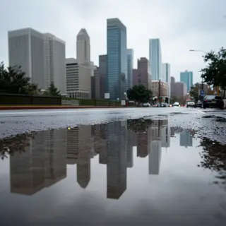 A city skyline reflected in a rain puddle on a street, with 