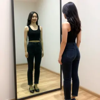 A woman standing in front of a full-length mirror, her refle
