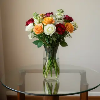 A vase of flowers on a glass table with a clear reflection v