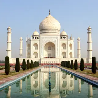 The Taj Mahal in Agra seen from the reflecting pool, with ac