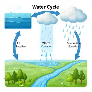 A detailed diagram of the water cycle showing evaporation fr