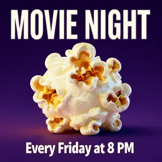 A movie night poster with a large popcorn image in the cente