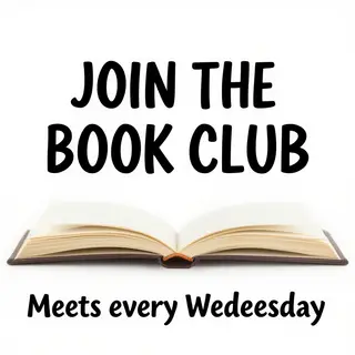 A book club poster with an open book illustration, the title