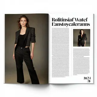 A fashion magazine spread with a full-bleed left-page photo,