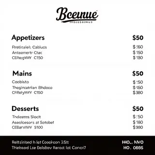 A restaurant menu layout with a logo header, three category 