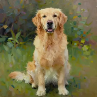 A golden retriever sitting in a garden, painted in the style