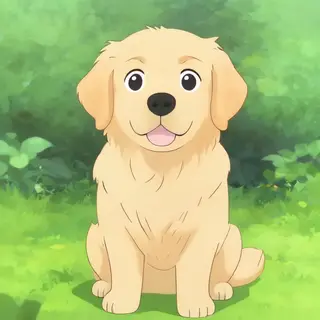 A golden retriever sitting in a garden, rendered in Japanese