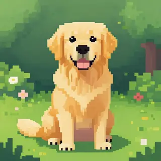 A golden retriever sitting in a garden, rendered in pixel ar