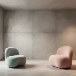 An interior scene rendered in soft brutalism — raw concrete 