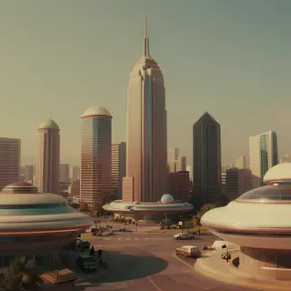 A cityscape rendered in nostalgic futurism — retro-futuristi