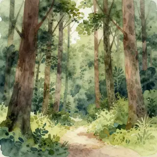 A forest rendered in photorealistic watercolor — the detail 