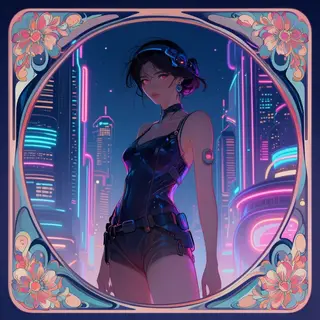 A woman in a futuristic city rendered in cyberpunk Art Nouve