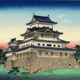 A medieval castle depicted in Japanese ukiyo-e woodblock pri