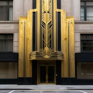 A city street scene in the style of Art Deco — geometric sha