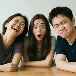 A group of three friends at a table: one laughing with head 