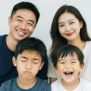 A family photo with four people: a father beaming with pride