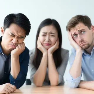 Three coworkers in a meeting: one looking frustrated with fu