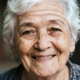 An elderly woman in her 80s with deep wrinkles and white hai