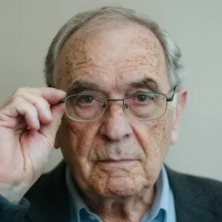 An elderly man in his 70s with age spots and thinning gray h