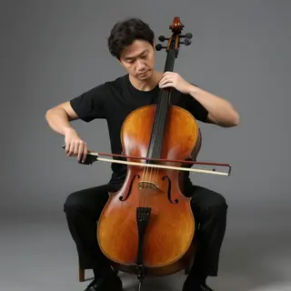 A cellist seated with correct posture, legs around the instr