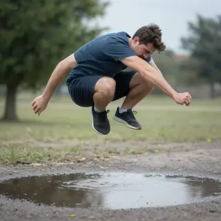 A man captured mid-jump over a puddle, body in the air with 